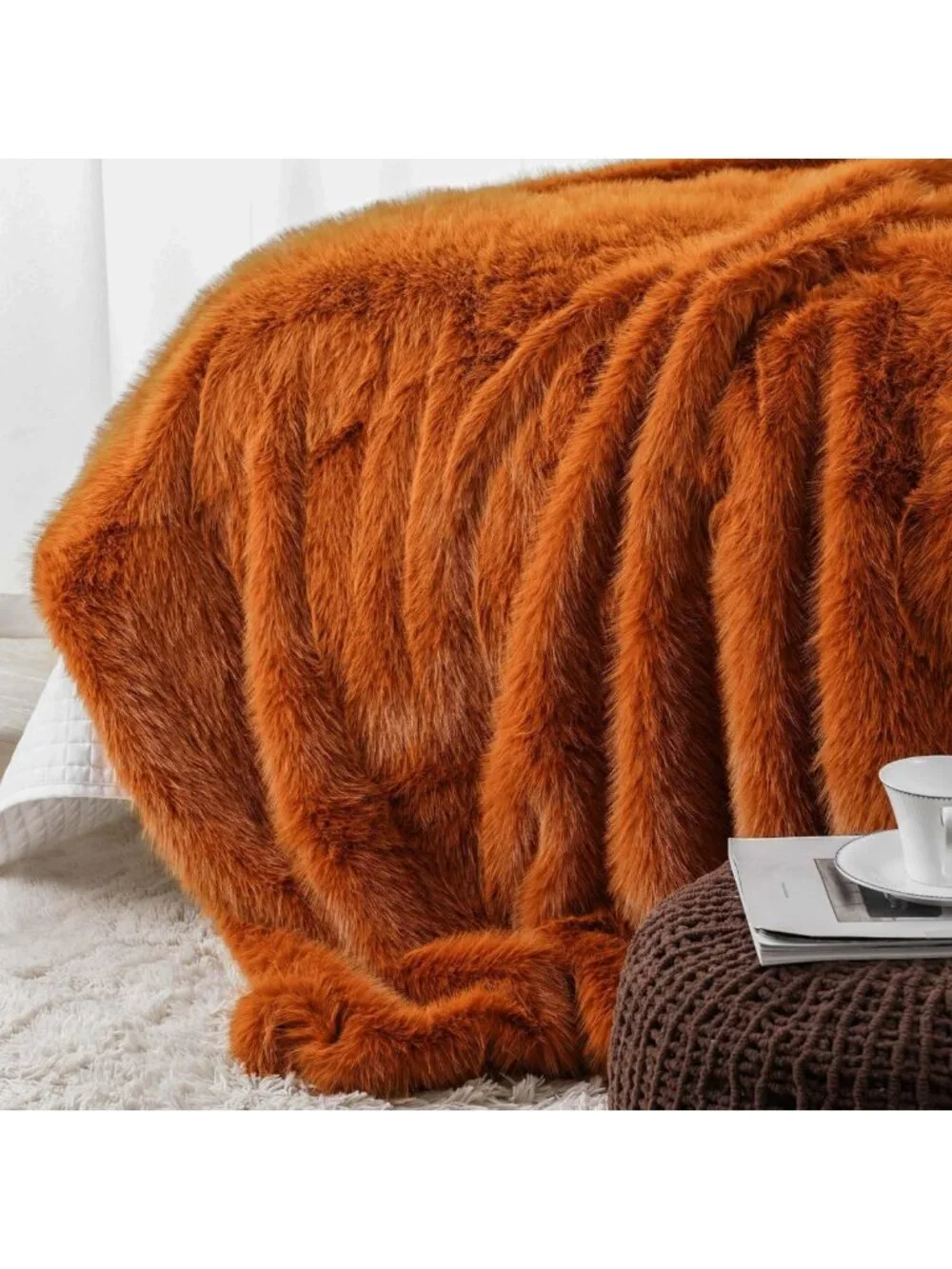 Cozy Luxury Orange Faux Fur Throw Blanket - Soft Fall Decor, 50